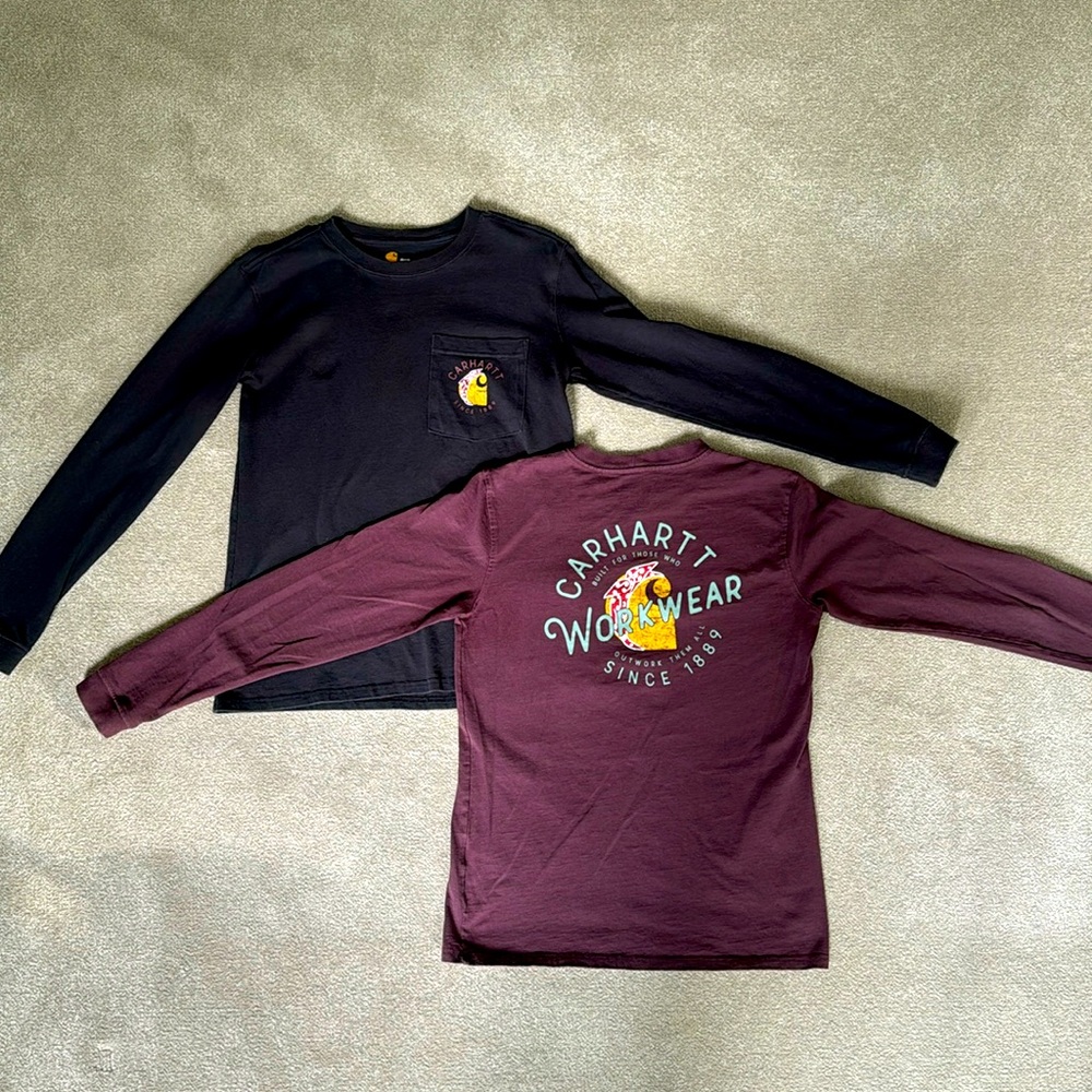 Women’s Carhartt long sleeve tees.  Both size small.  Color-black and  burgundy